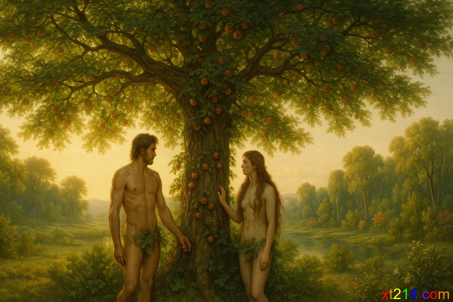 伊甸园中央的分别善恶树，金色阳光透过茂密枝叶，亚当夏娃在树下