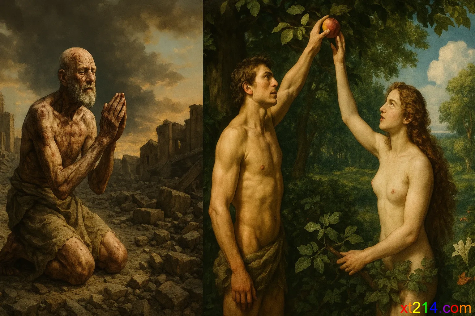 约伯在苦难中仍敬拜神，与伊甸园中堕落的亚当形成鲜明对比