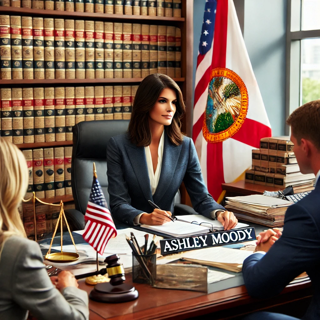 Ashley Moody在办公室与法律团队讨论重要案件的工作场景