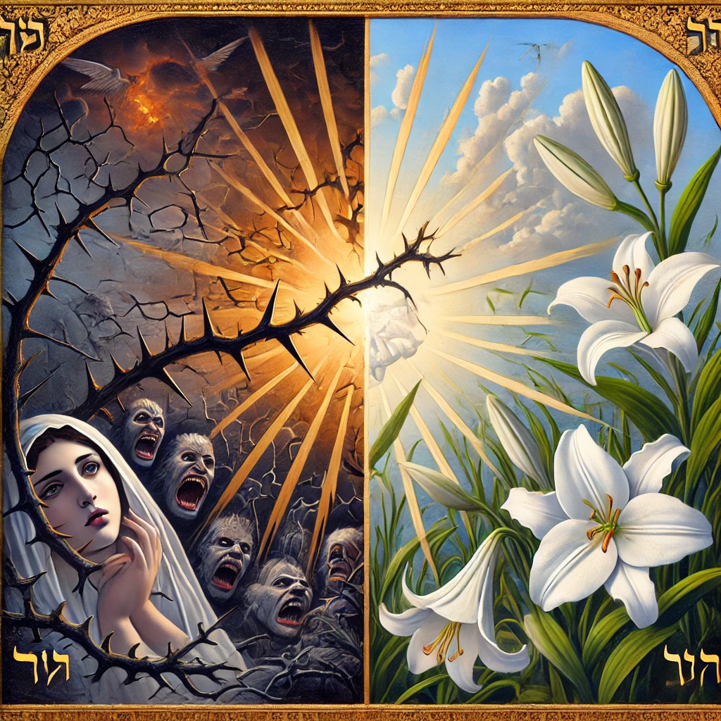 荆棘与百合的分割画面，生动对比忧虑与平安，诠释马太福音6:25-34的教导。