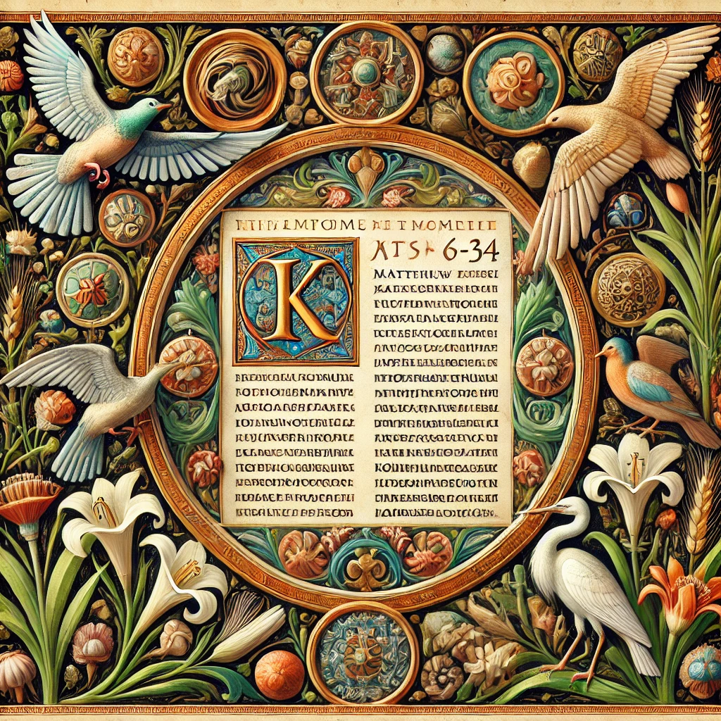 马太福音6:25-34的希腊原文手稿，点缀鸟儿、百合花和麦穗，象征主耶稣教导的属灵智慧。
