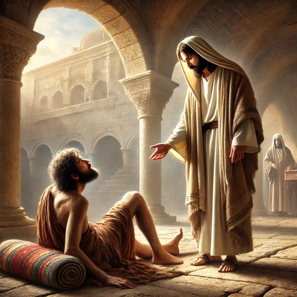 耶稣慈爱地俯身问躺在褥子上的病人：你要痊愈吗？