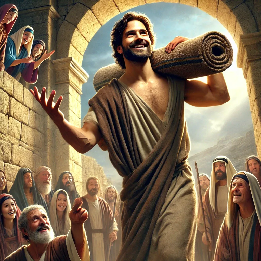 痊愈的人拿着褥子欢喜行走，众人惊讶地注视这个神迹