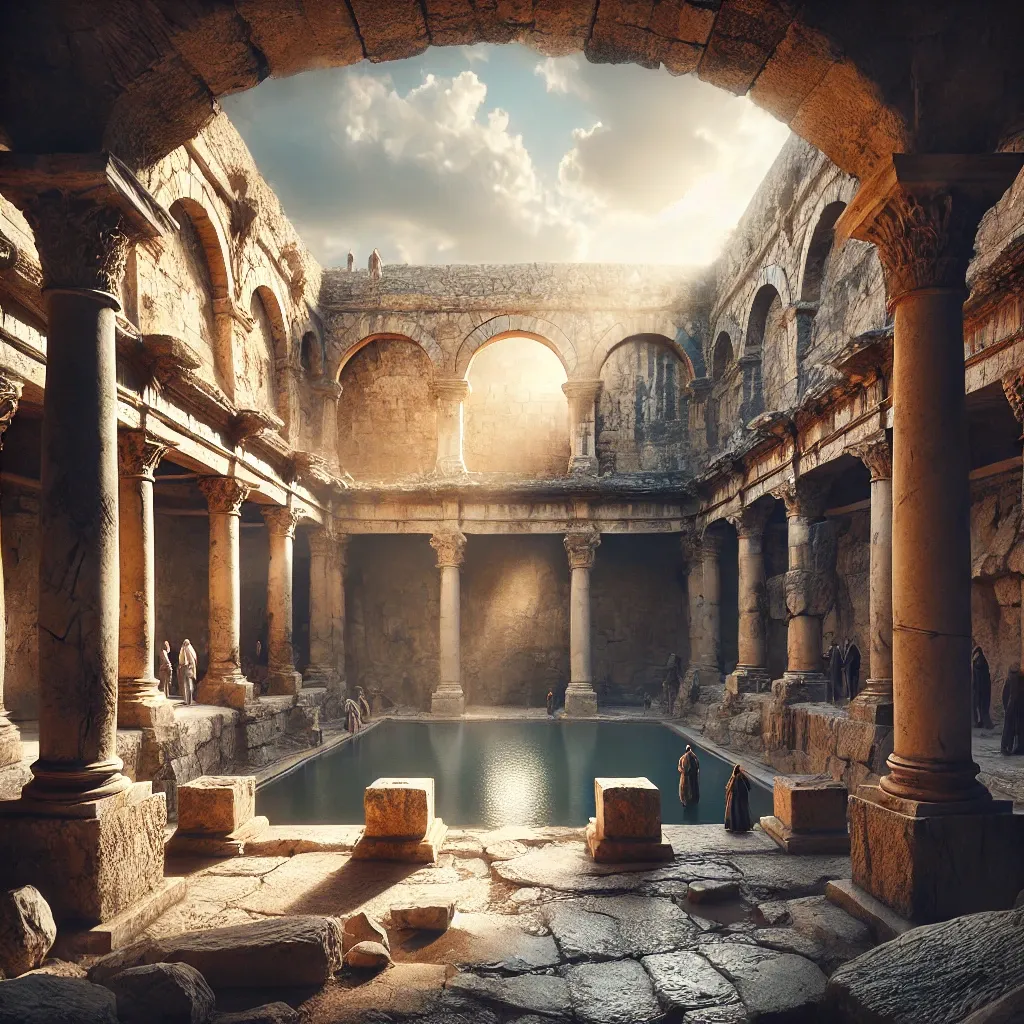 耶路撒冷毕士大池遗址，展现五个廊子的历史场景