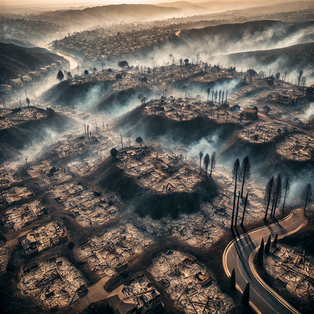 火灾后被烧毁的房屋和植被。