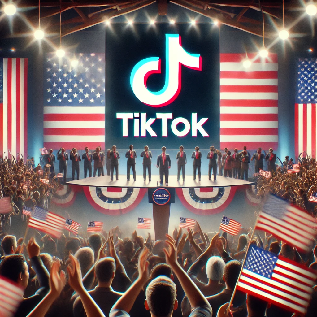 智能手机屏幕显示TikTok应用，背景为模糊的城市灯光，象征全球化的TikTok影响力