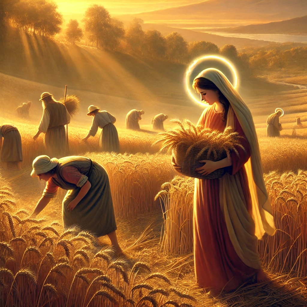 路得在田间拾穗的场景