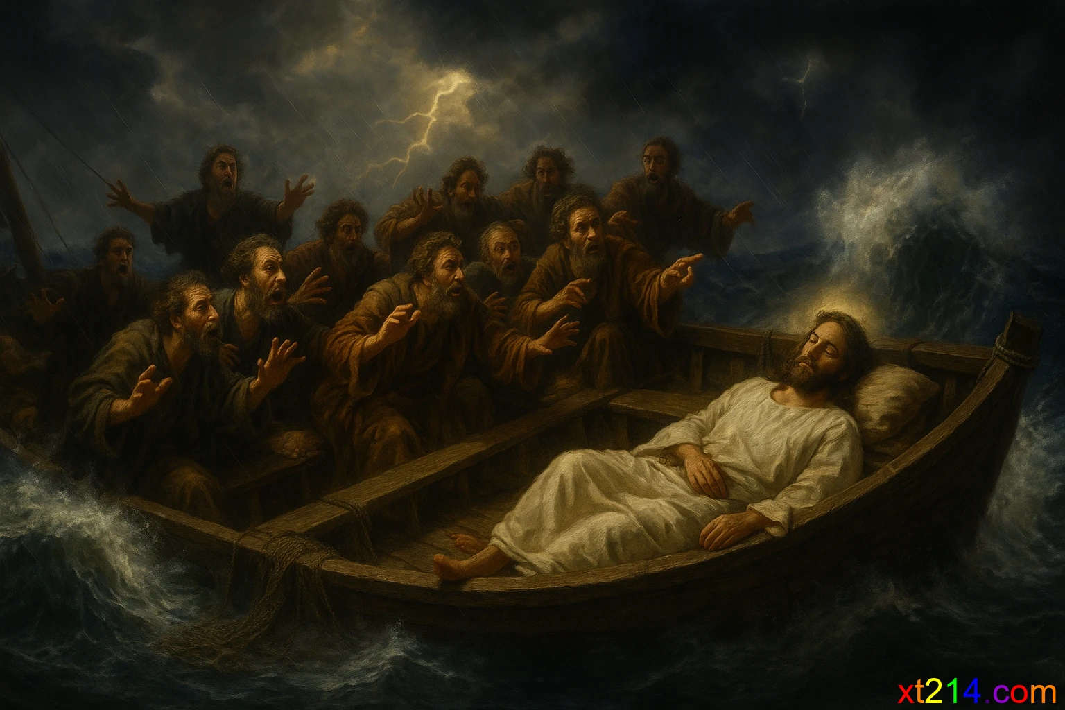 耶稣在暴风雨的船上安然睡觉，周围门徒惊慌失措，象征属天平安与信心考验