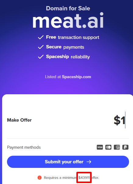 Meat.AI域名43,911美元标价截图