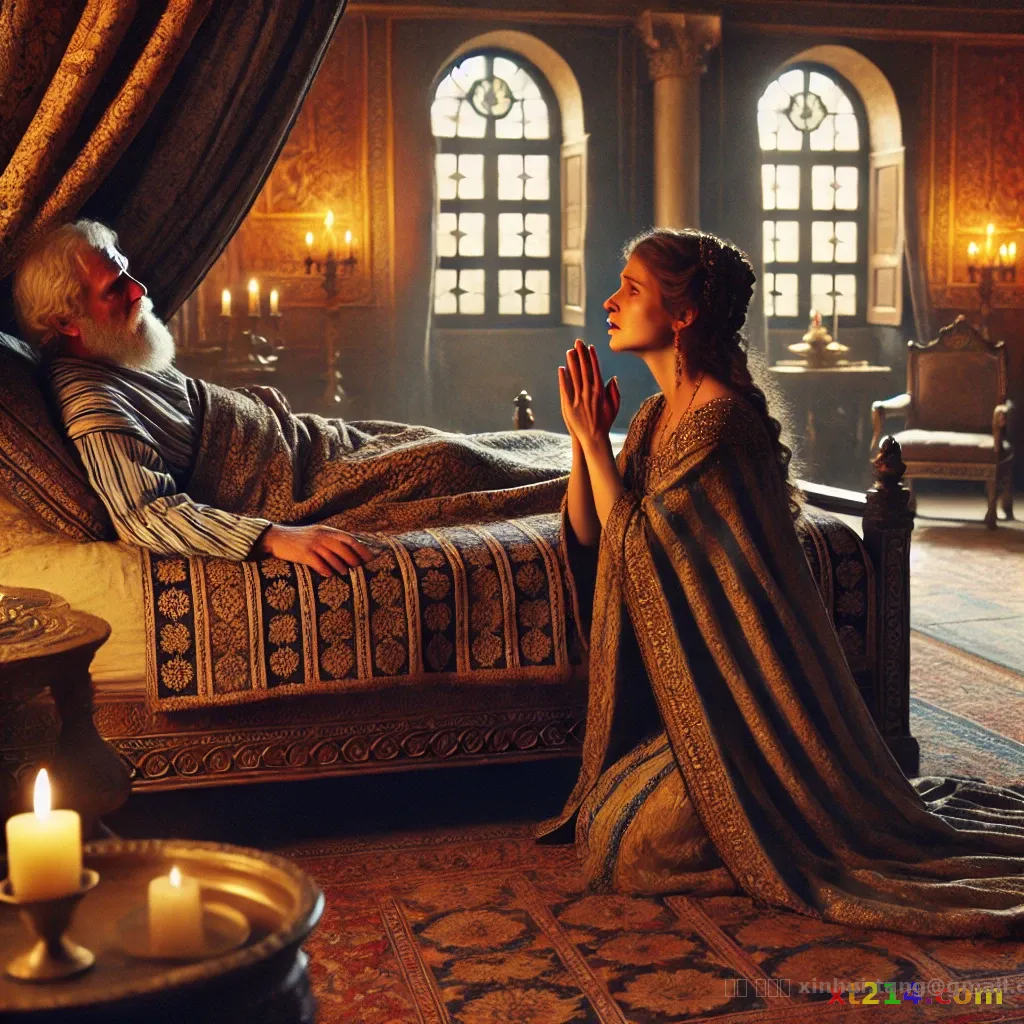 乌利亚的妻子跪在衰老的大卫床前为所罗门请命，显示出一个母亲天然的护子之心