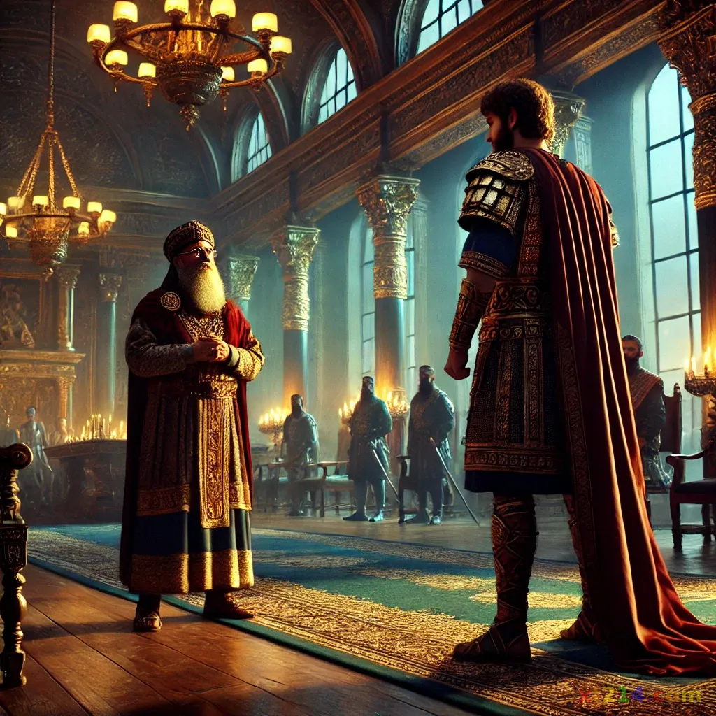 乌利亚站在大卫面前，表达对约柜和以色列军队的忠诚，拒绝回家享乐