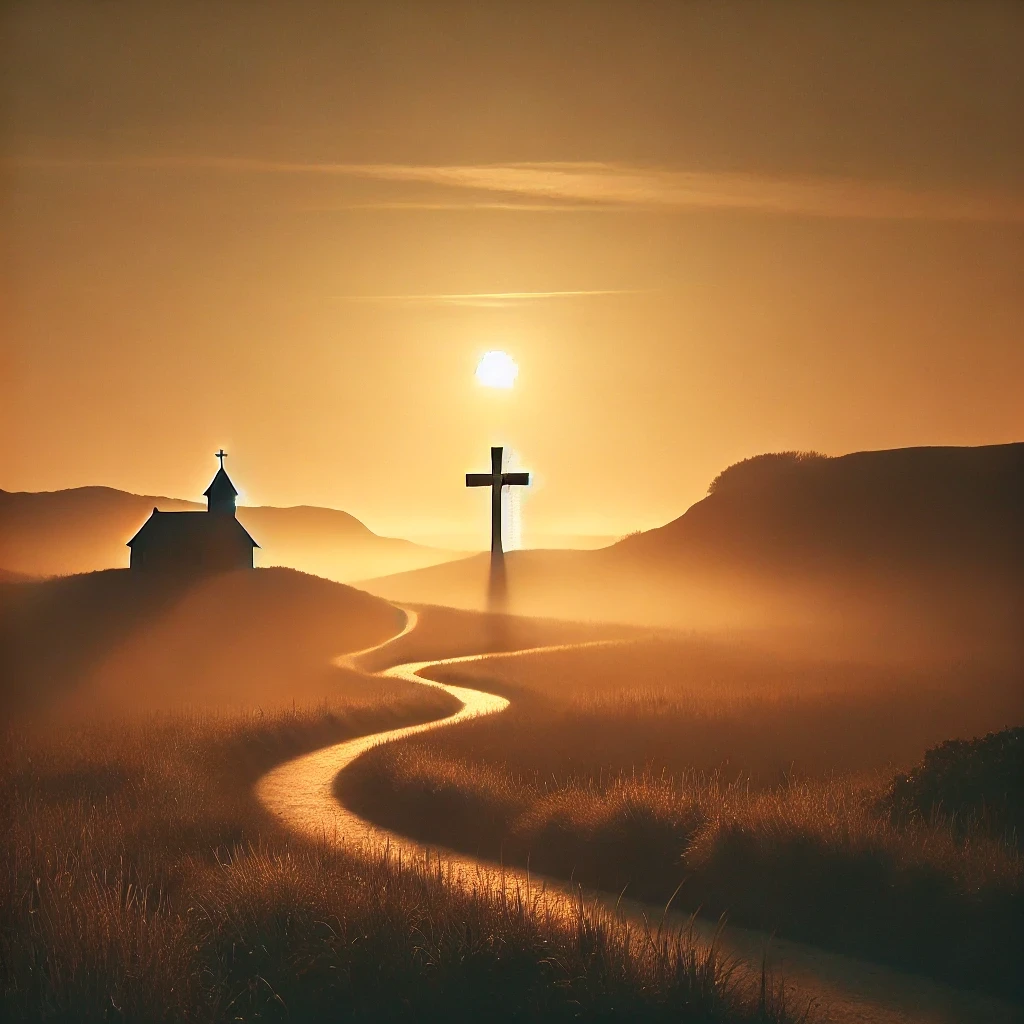 朝阳映照下的十字架道路，象征信心之旅的开始