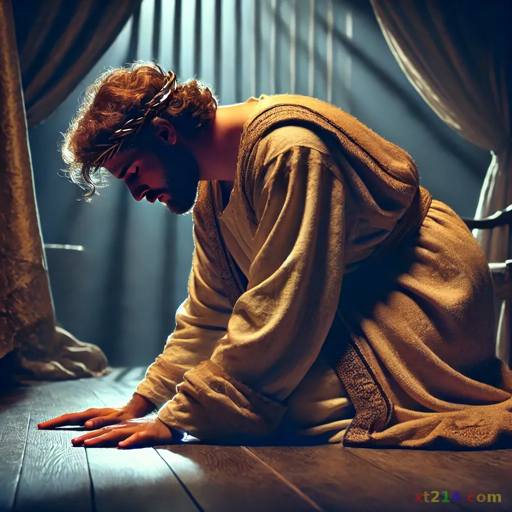 大卫跪在地上痛悔认罪，表达对神真诚的悔改