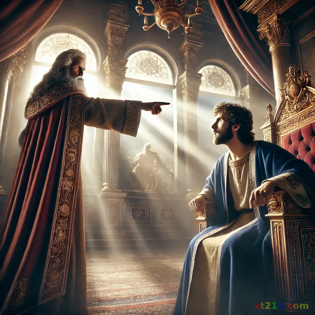 先知拿单站在大卫面前讲述羊羔的比喻，指出你就是那人