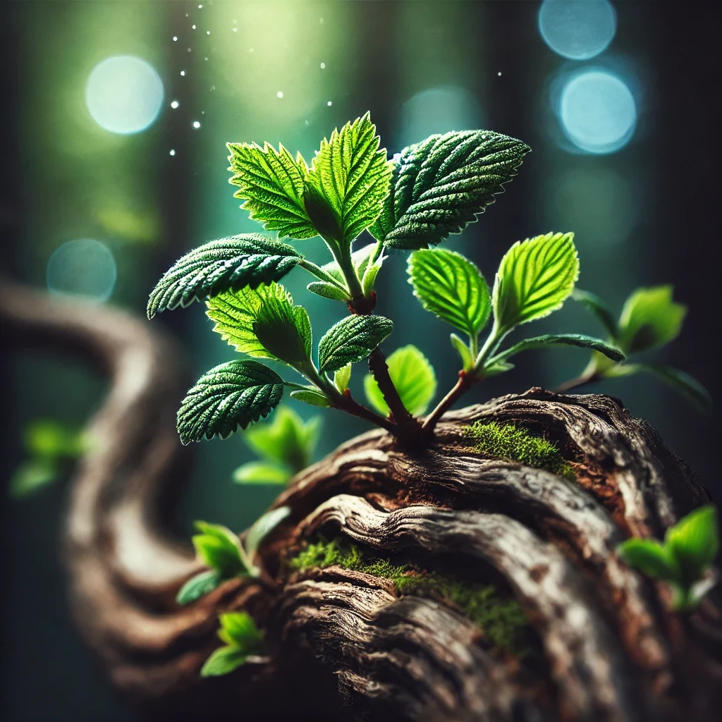 枯木逢春新芽破土，象征在基督里的新生命