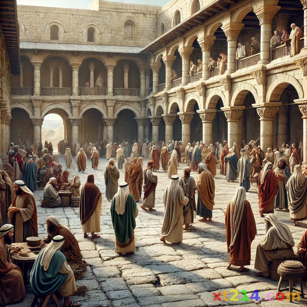 古代圣殿前形形色色的人群，展现社会的分层
