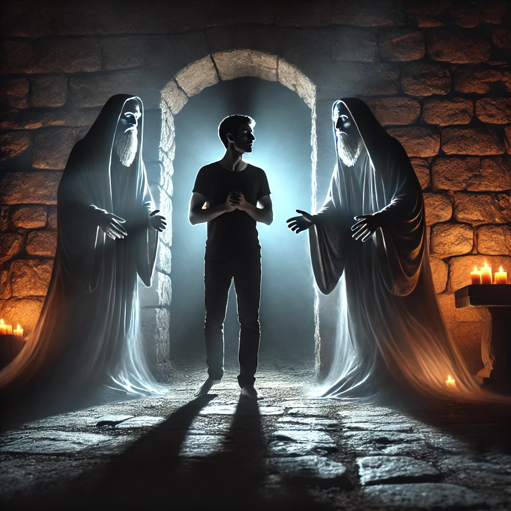 夜色中,约伯的三个朋友以幽灵般的身影浮现,神情严肃地从阴影中走出,面对一位现代人。烛光在古老的石墙上投下长长的影子,营造出庄严而神秘的氛围,象征着道德审判的降临。