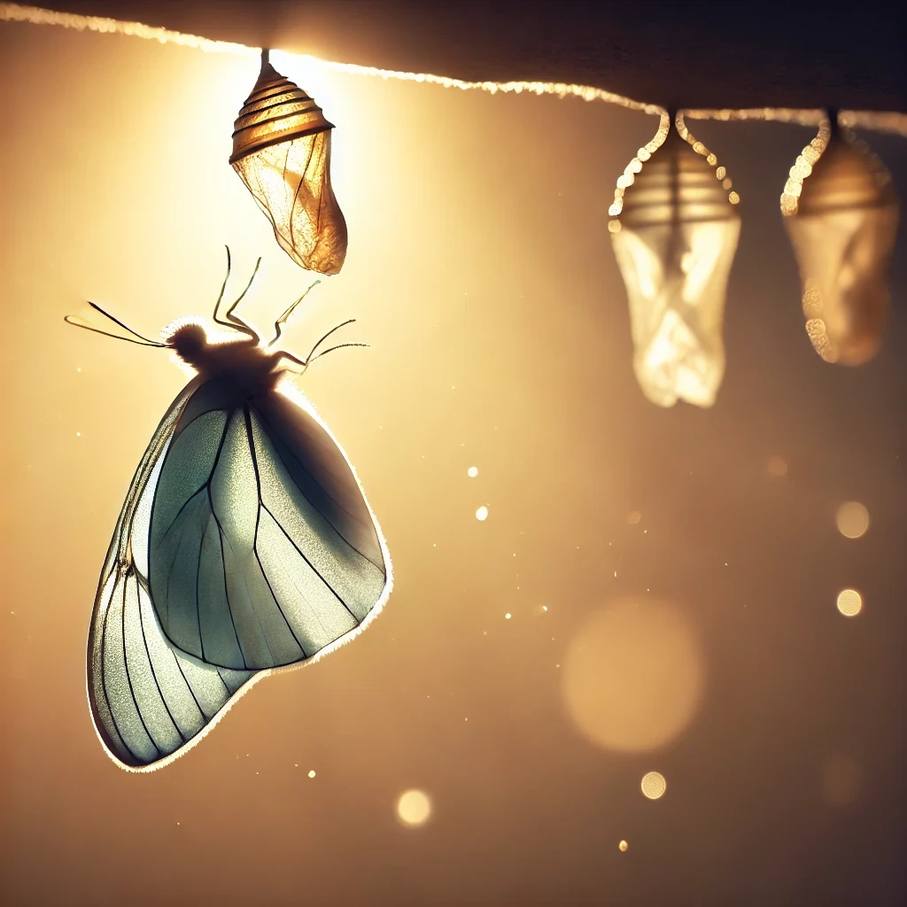 蝴蝶破茧而出的景象，象征脱去旧人