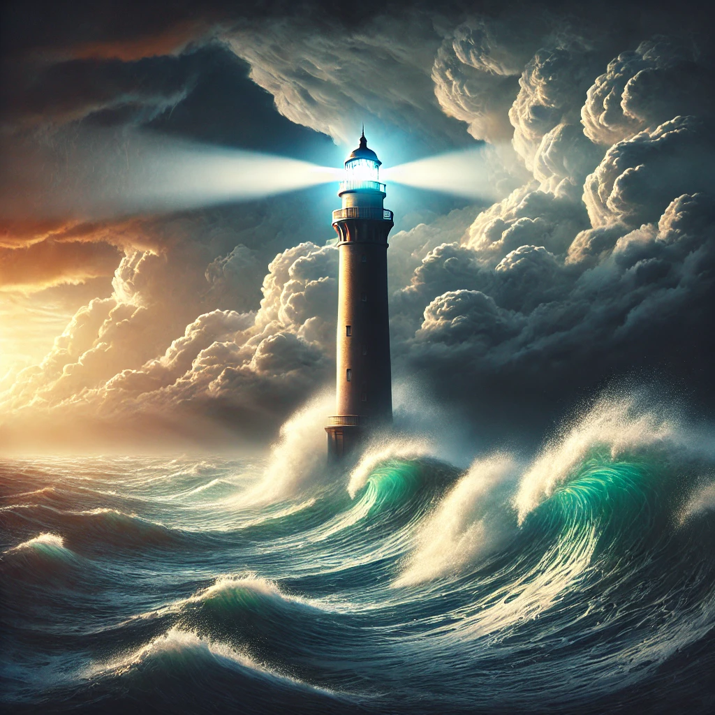 暴风雨中的灯塔，象征在混乱世界中的信心指引