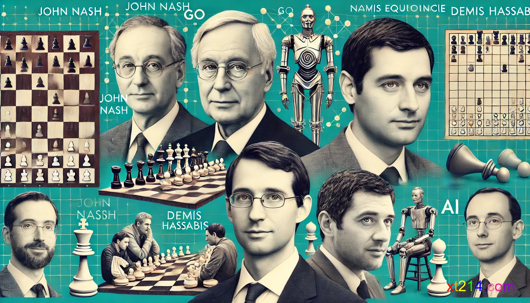 拼贴画风格图片，展示John Nash和Demis Hassabis的肖像，以及他们与棋类的联系