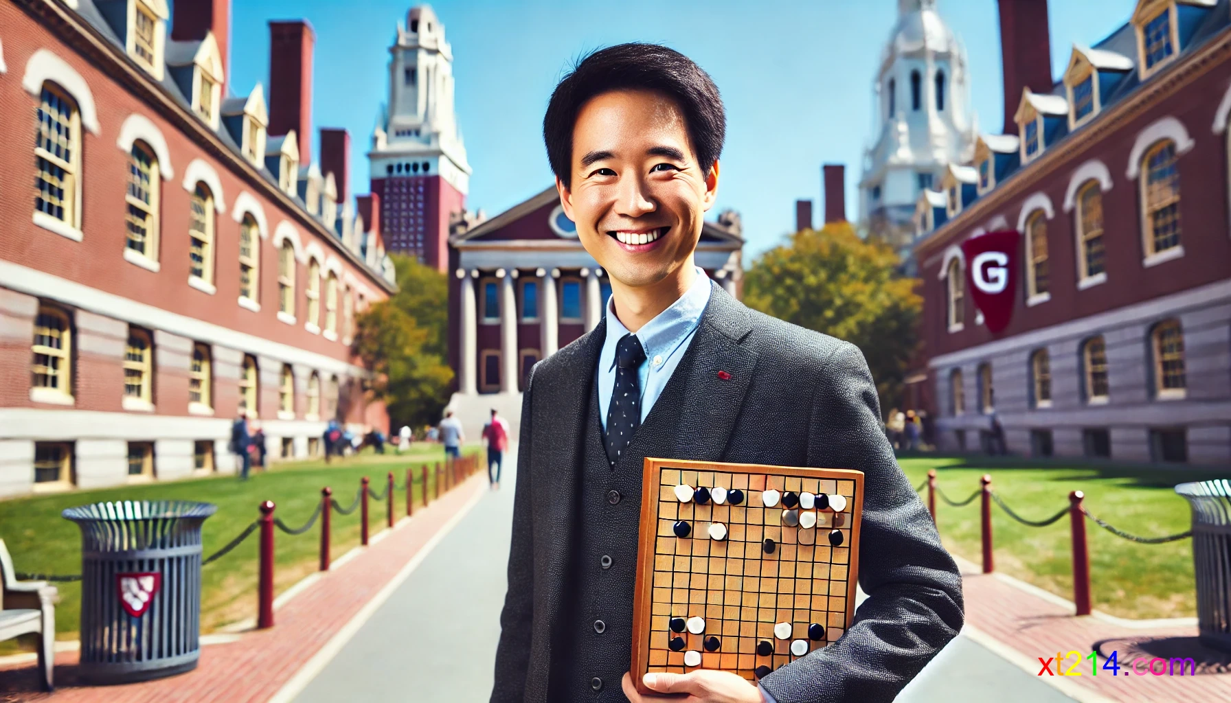 一位亚洲男教授站在哈佛大学校园中，手持围棋棋盘