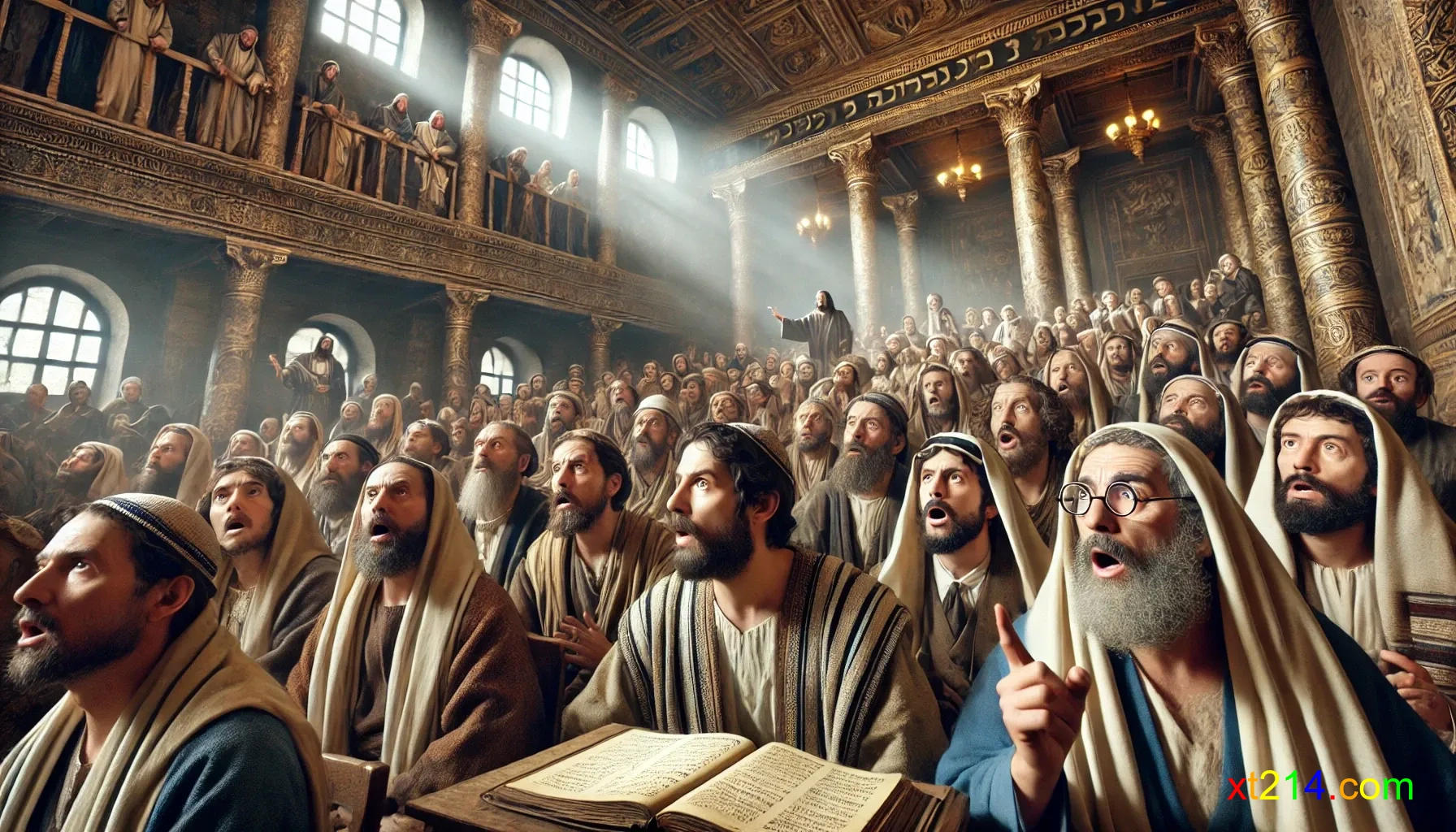 迦百农会堂众人对耶稣赶鬼的震惊反应，显示耶稣教导与权柄的影响