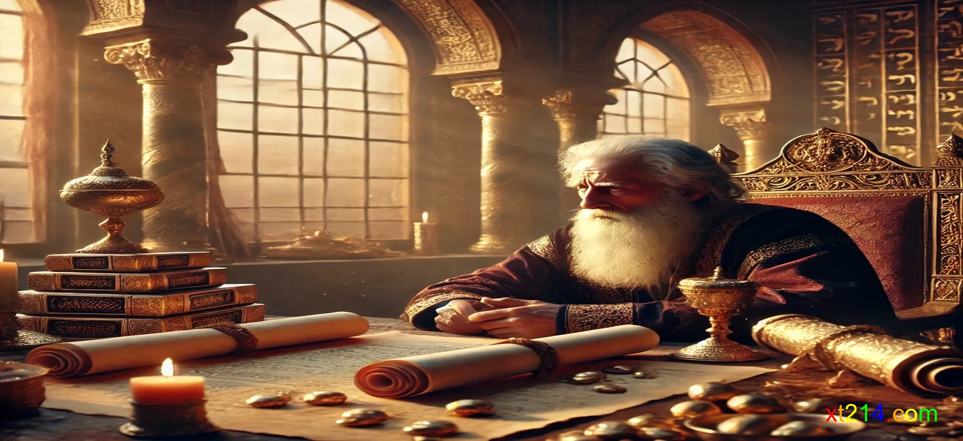 年迈的所罗门王凝视着各种财富和成就，眼神中流露对生命意义的深思