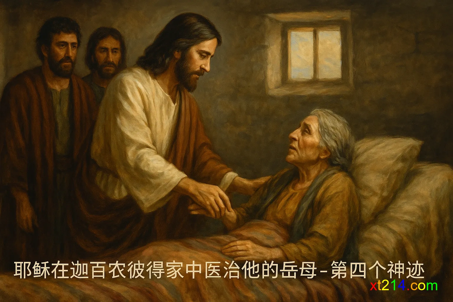 耶稣医治彼得岳母，牵起她的手使她的热病退去