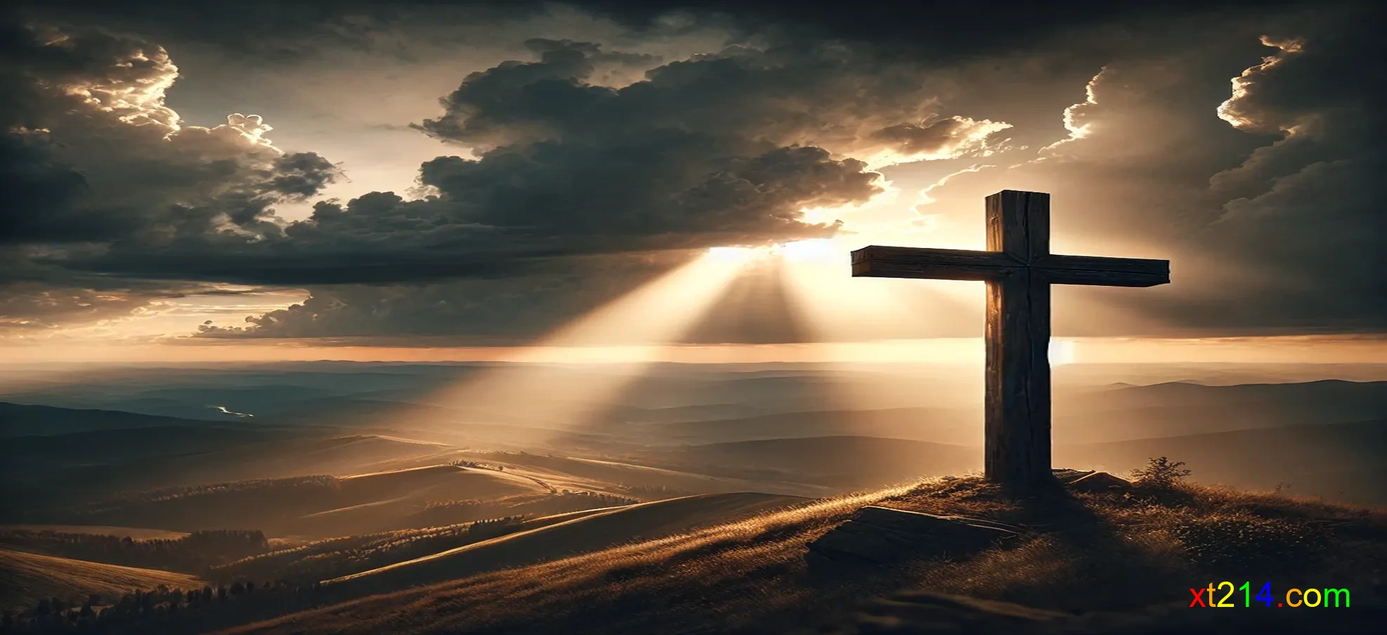 十字架屹立在山顶，阳光穿透乌云照射在十字架上，象征世人眼中的愚拙实为神的智慧