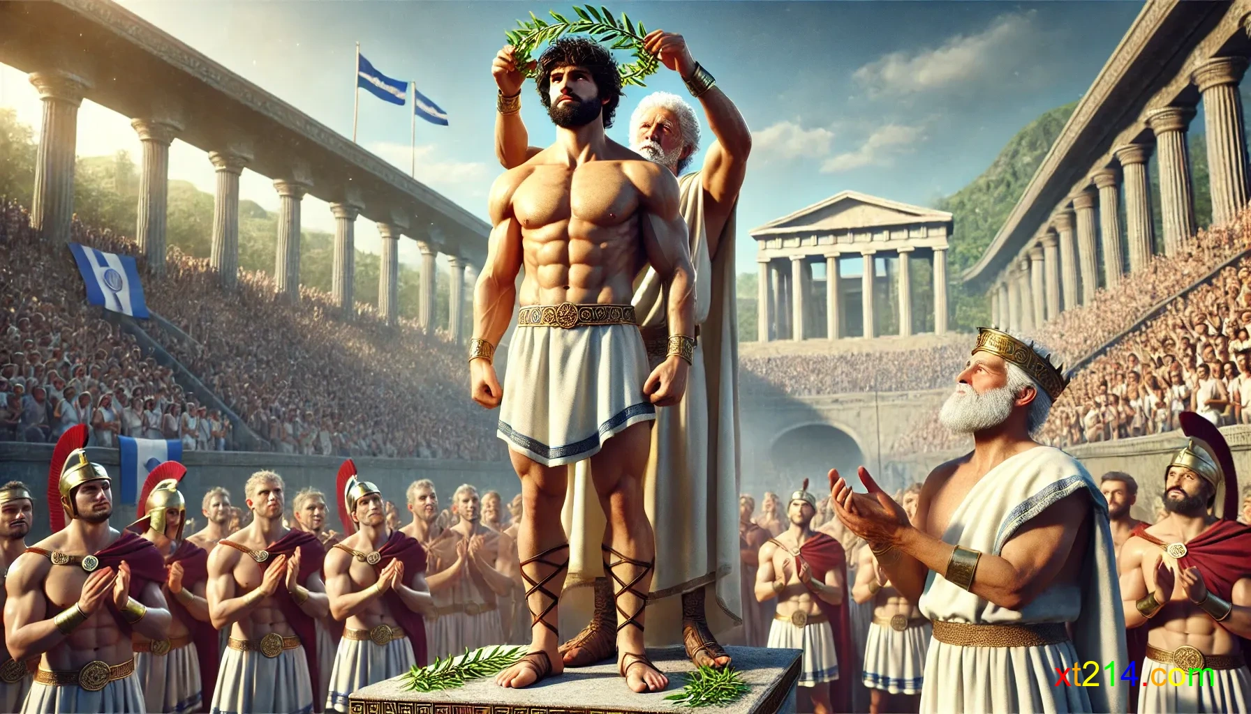 古代奥林匹克运动会中，胜利者头戴橄榄枝花冠接受表彰
