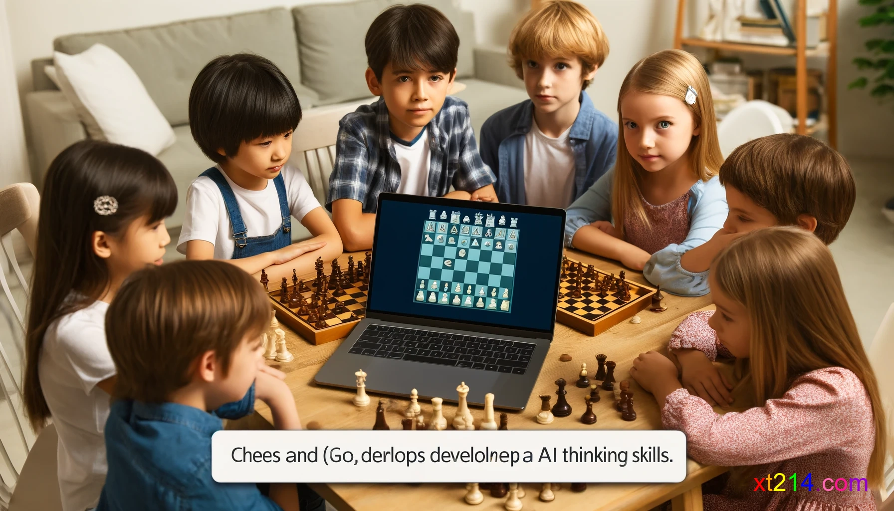 几个孩子围在一台笔记本电脑前，专注地看着屏幕上的棋盘游戏