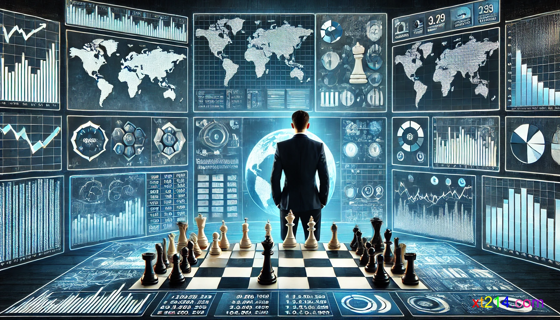 多个屏幕显示棋盘分析和数据图表，象征商业和战略决策