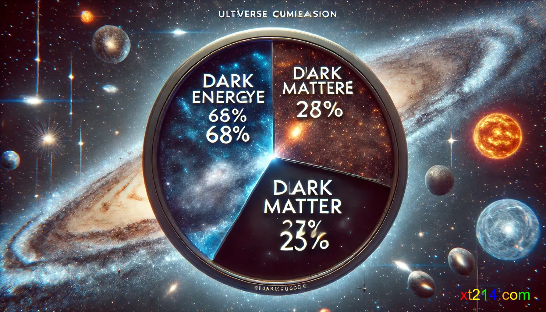 宇宙中暗能量占68%、暗物质占27%和普通物质仅占5%的比例分布图