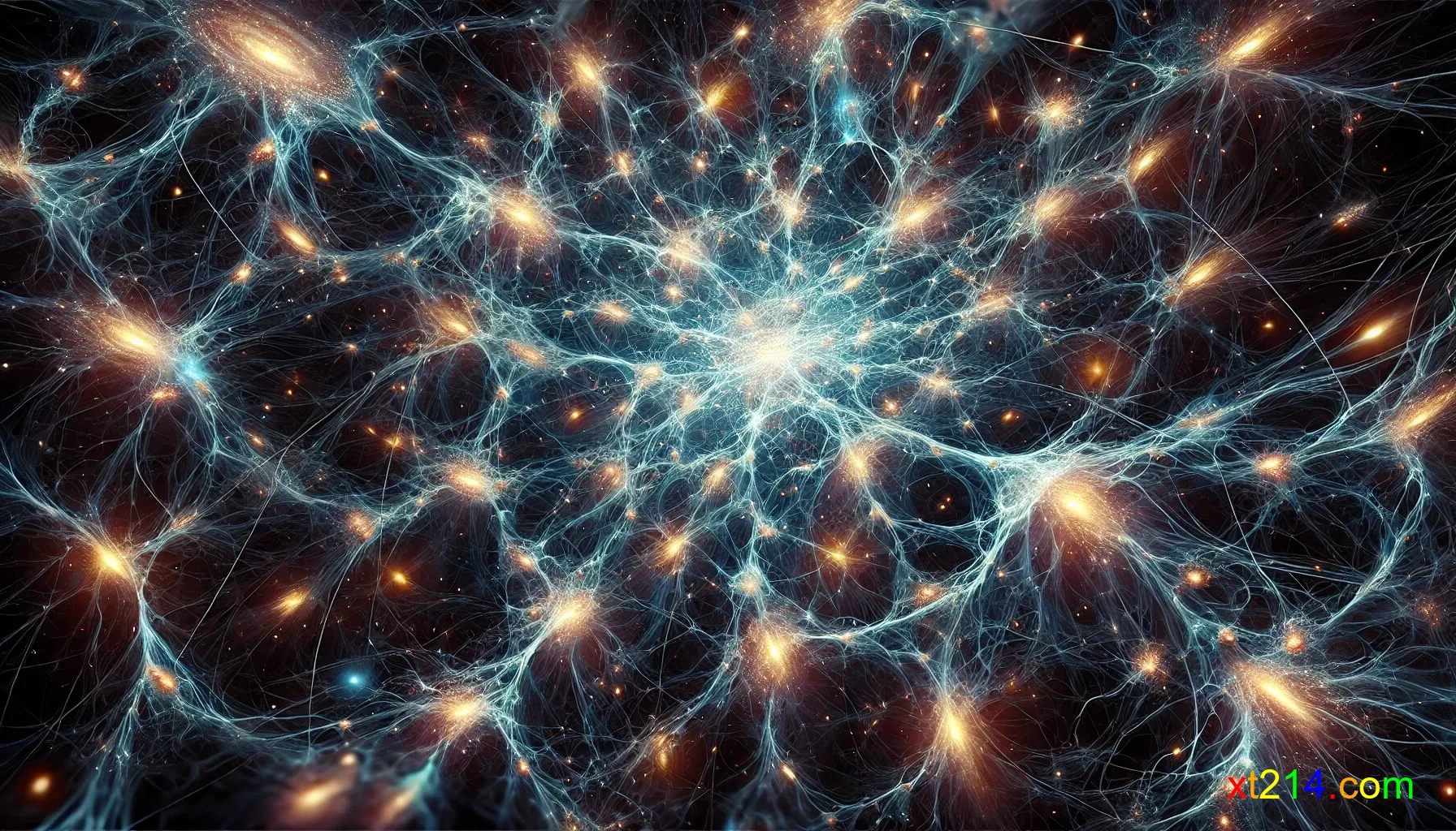 宇宙中可见物质分布的大尺度结构图，显示星系、星团和星系团