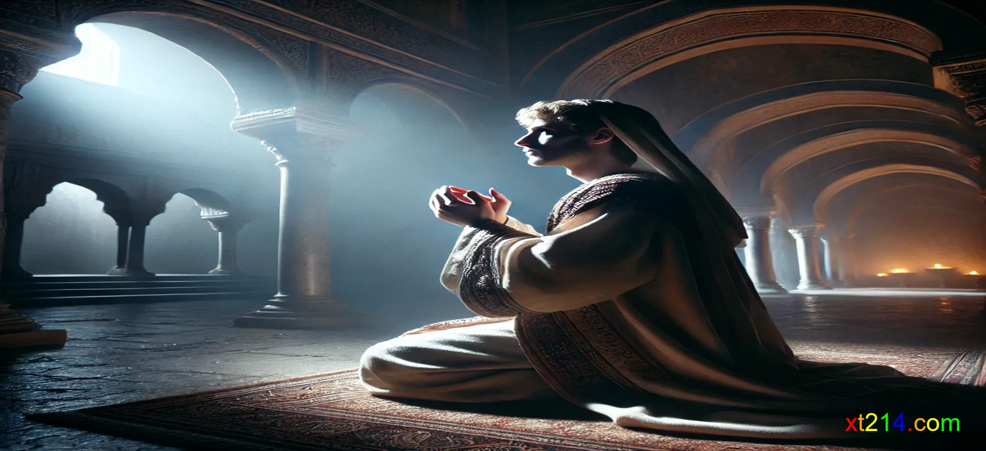 所罗门王在梦中选择智慧而非财富，神圣光芒照耀着他谦卑的面容