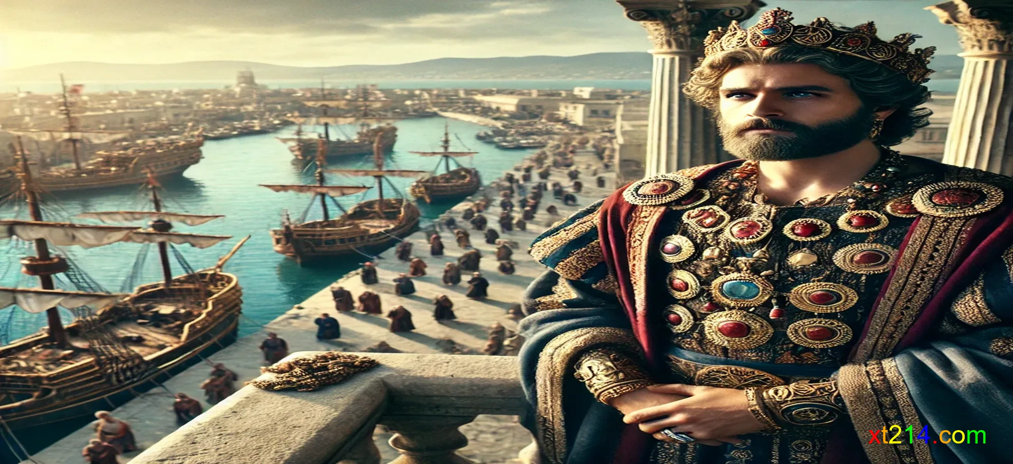 推罗王身着华丽服饰站在高处俯视商船，象征智慧充足却因骄傲而堕落