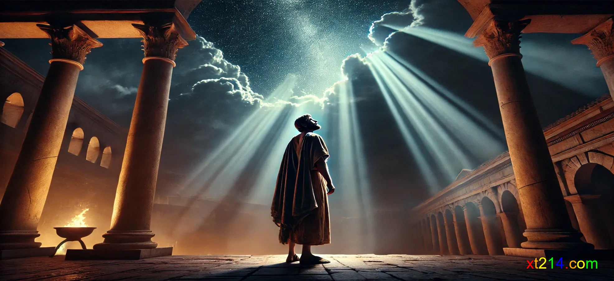 璀璨星光穿透厚重黑云，照亮下方一个古罗马奴隶形象，他仰望天空，脸上带着希望与平安