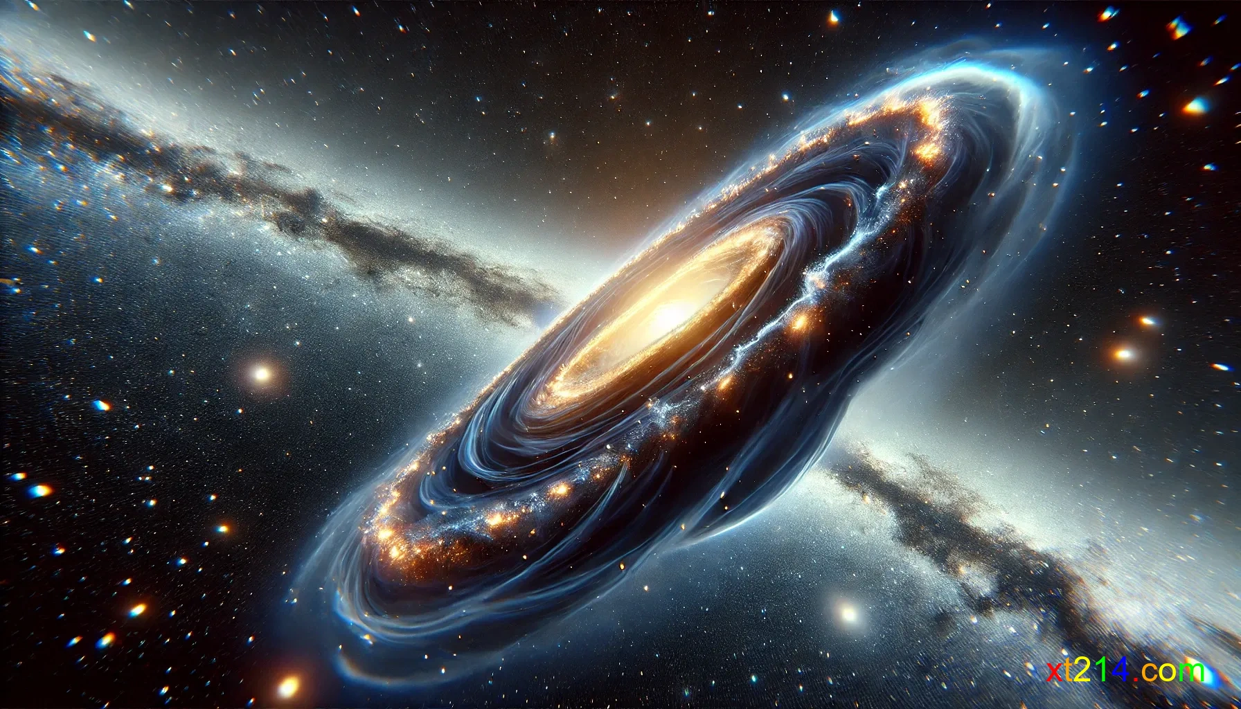 暗物质引力透镜效应示意图，展示光线被不可见暗物质弯曲的现象