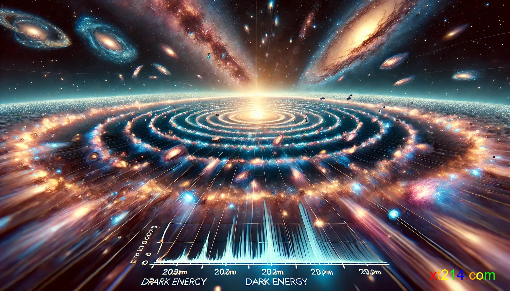 暗能量推动宇宙加速膨胀的概念图，显示星系间距离随时间增加