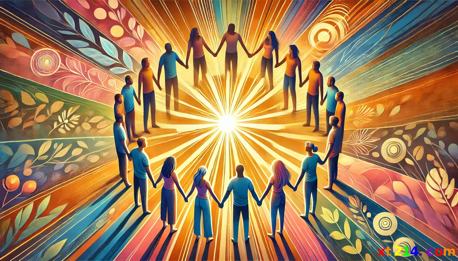 爱的共同体:教会作为爱的见证 共同体中的爱的实践:一组多元化的人手牵手围成圆圈,中间有光芒照耀,象征教会作为爱的实践社区,彼此相连,一同成长
