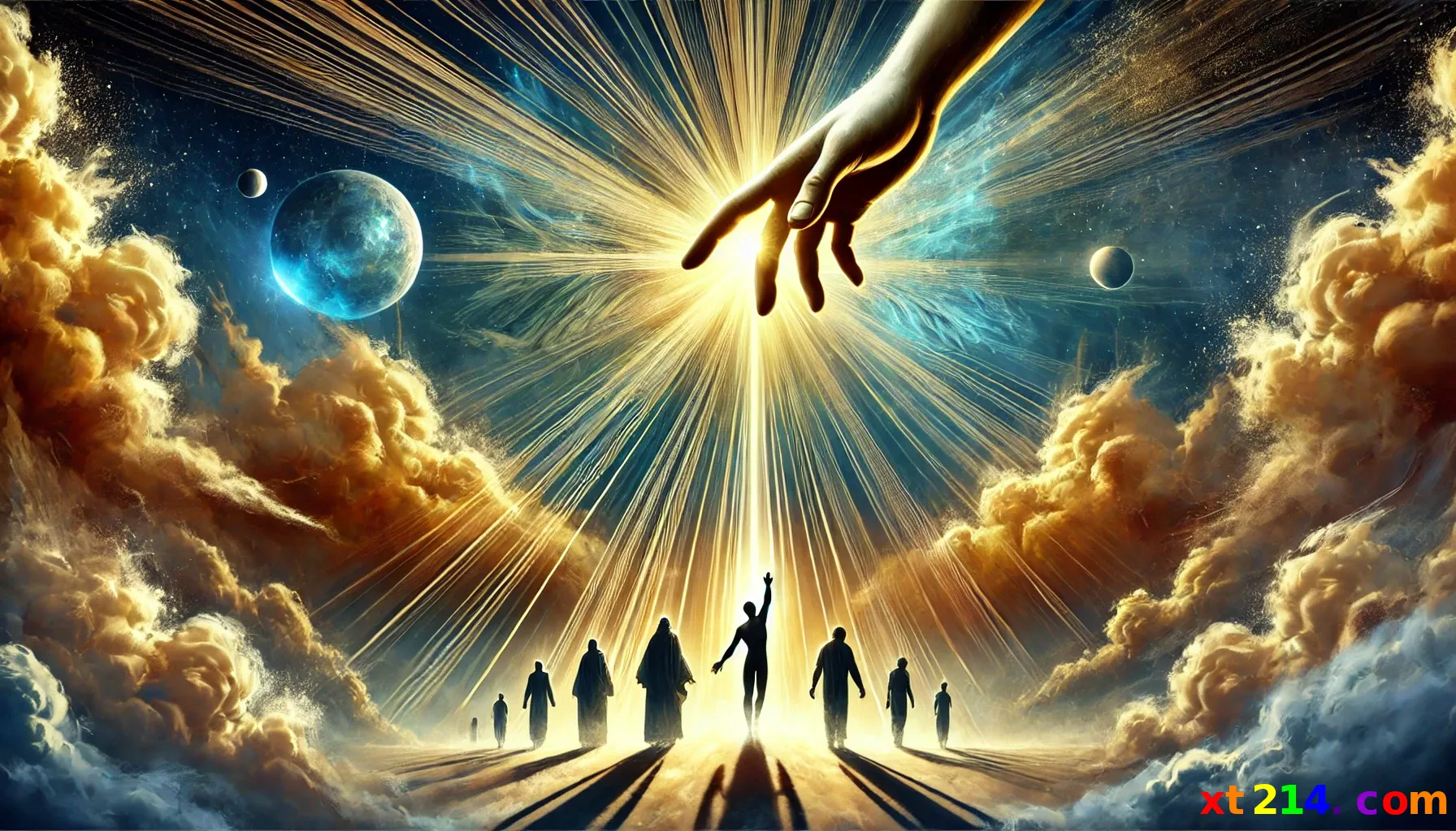 神圣之爱的洗礼：神圣之手从云端伸出，光芒照向仰望的人，象征神的爱从天而降，洗净人的过错