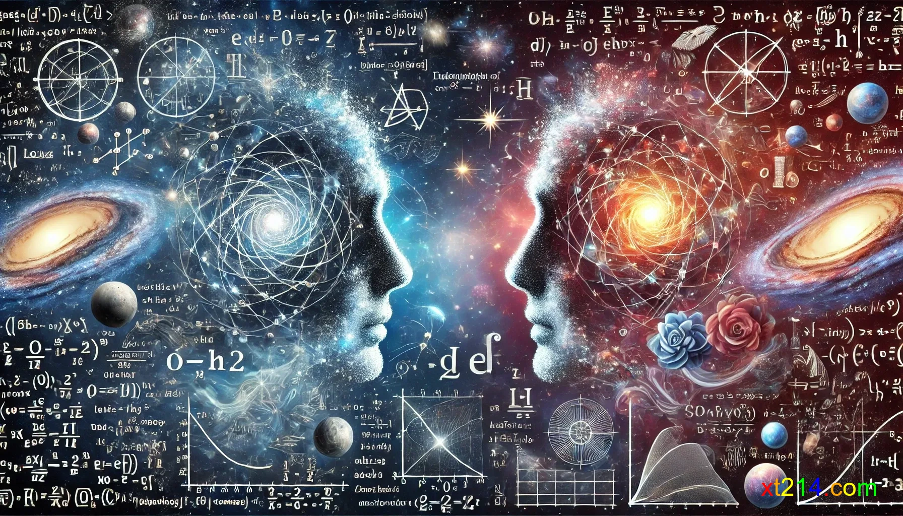 科学与信仰视角下看宇宙的概念图，展示物理公式与圣经文本的和谐共存