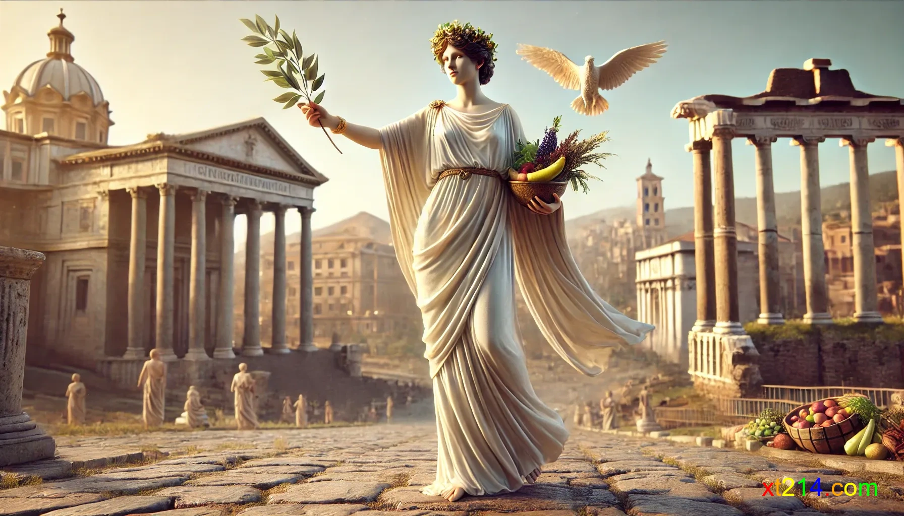 罗马和平女神Pax手持橄榄枝和丰饶之角，背景是和平繁荣的罗马城