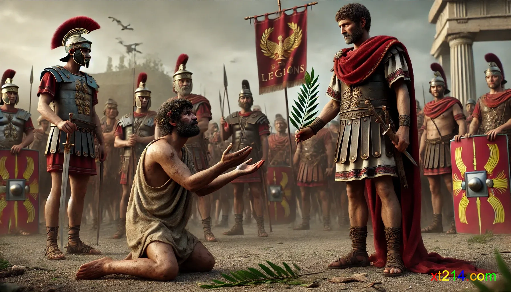 一位罗马战败方领袖手持橄榄枝向胜利的将军请求和平