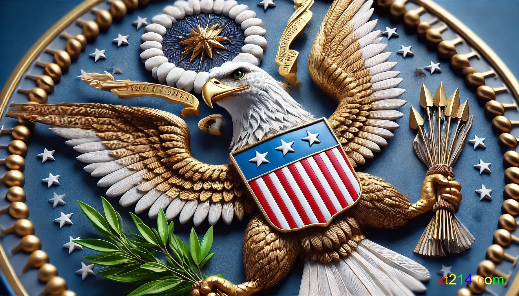 美国国徽特写，展示老鹰一爪抓着橄榄枝，一爪抓着箭矢