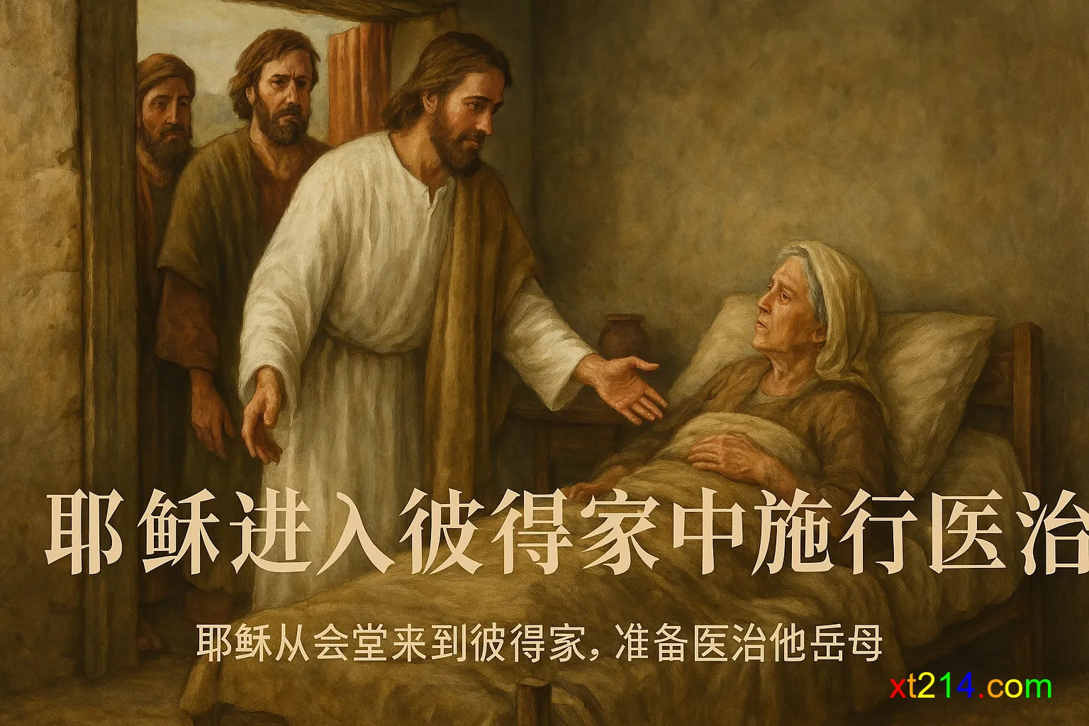 耶稣进入彼得家中，准备医治彼得的岳母