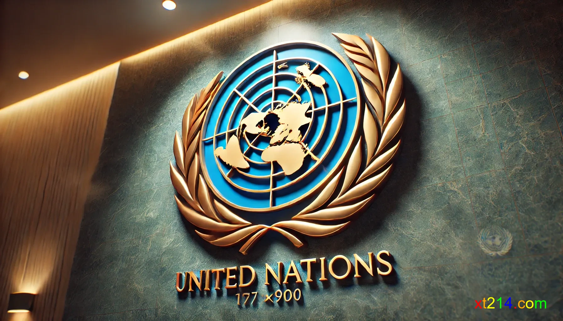 联合国徽章特写，展示地球被两根对称的橄榄枝环绕