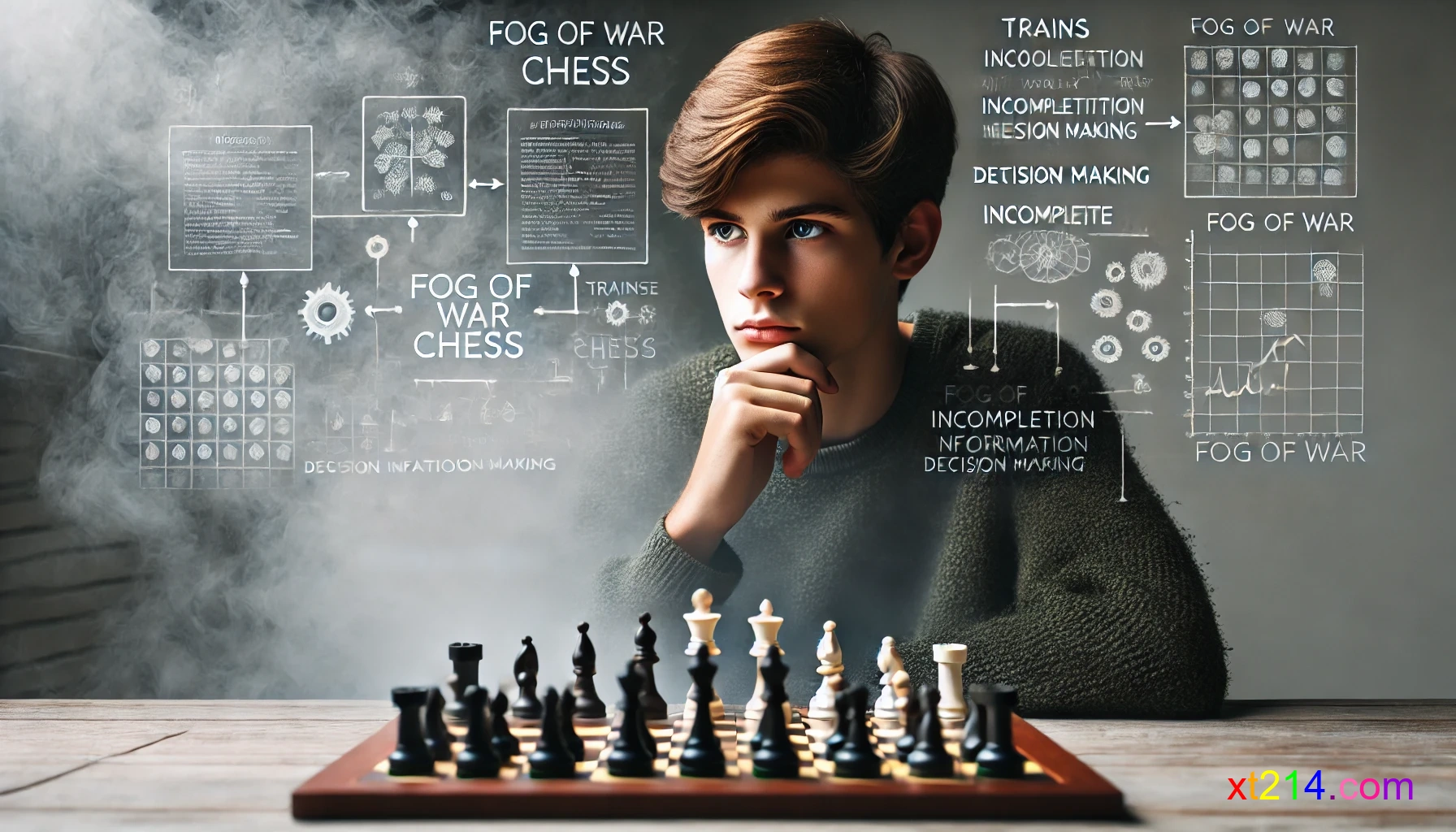 国际象棋棋盘的一部分被迷雾笼罩，只有某些区域可见