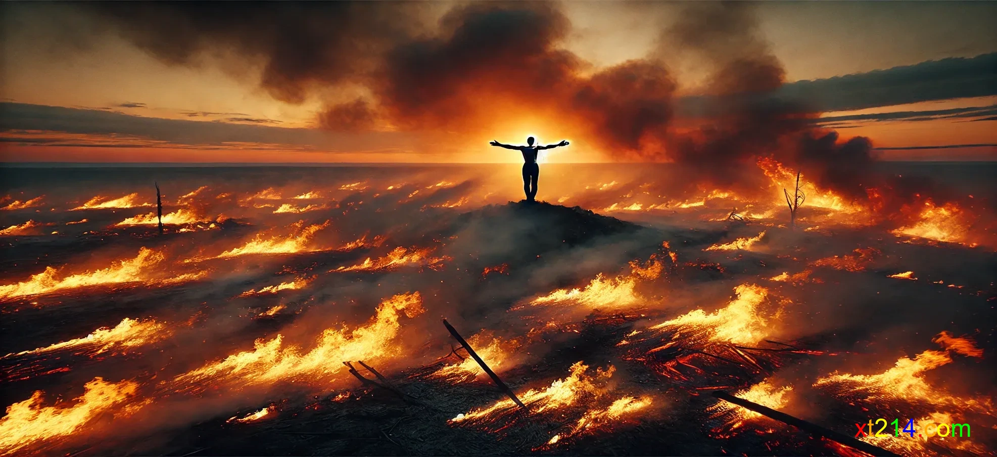 熊熊野火吞噬荒野，远处一个模糊人影做出极端牺牲姿态，象征哪吒故事中的虚幻宣泄