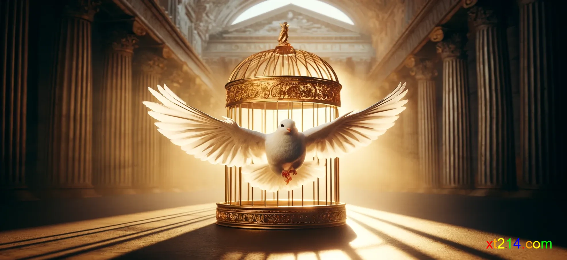 一只白鸽冲破金色牢笼展翅飞向光明，象征阿尼西母寻找真正自由的旅程